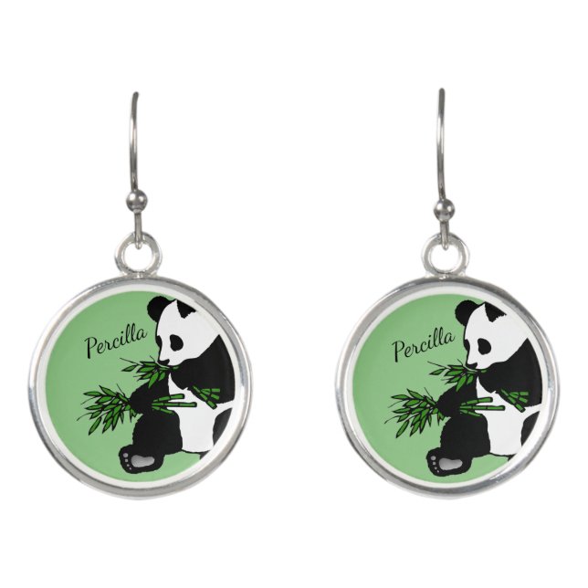 Giant Panda Eats Bamboo Name Green  Earrings (Front)