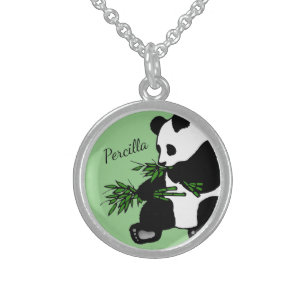Giant Panda Eats Bamboo Name Green Sterling Silver Necklace