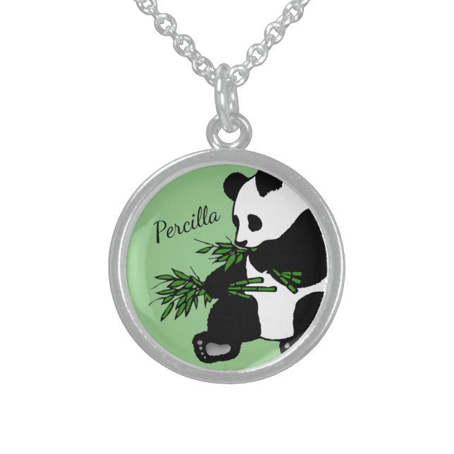 Giant Panda Eats Bamboo Name Green Sterling Silver Necklace (Front)
