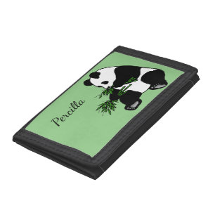 Giant Panda Eats Bamboo Name Green Tri-fold Wallet
