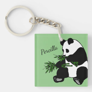 Giant Panda Eats Bamboo Name Keychain