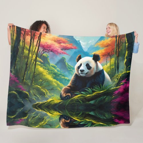 Giant Panda in Colorful Bamboo Forest Fleece Blanket