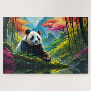 Giant Panda in colorful Bamboo Forest on Mountain Jigsaw Puzzle