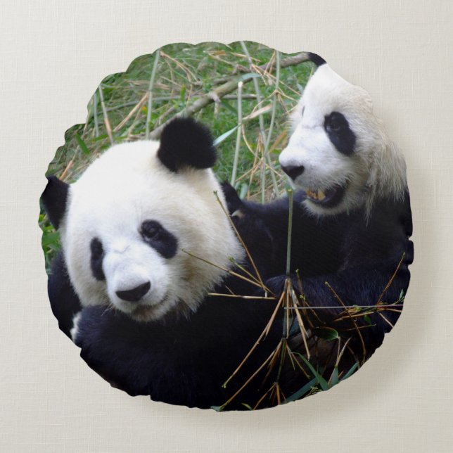 Giant Panda Playing & Love Round Pillow (Front)