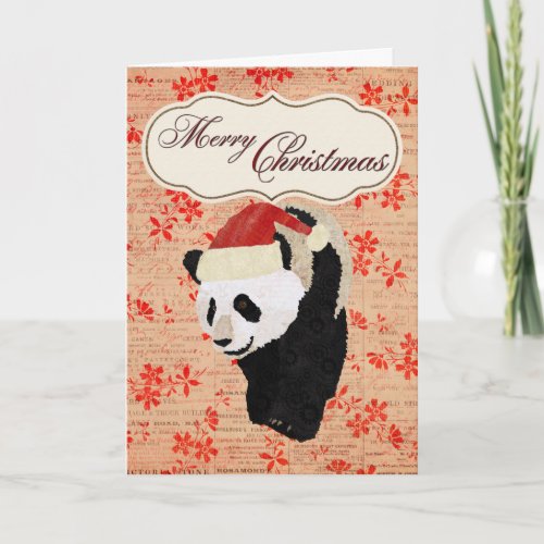 Giant Panda Red Floral Christmas Card