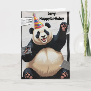 Giant panda sitting up wearing birthday hat card