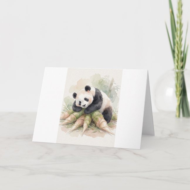 Giant Panda Sleeping By The Bamboo Shoot Pile Gree Card