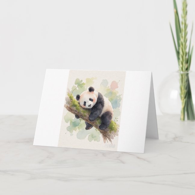 Giant Panda Sleeping On The Mossy Tree Branch Gree Card