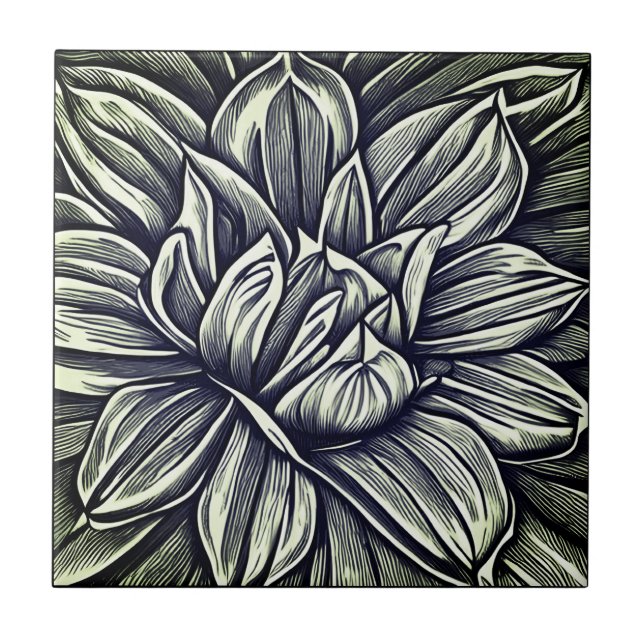 Giant Peony Flower Pattern in Black and White Ceramic Tile (Front)