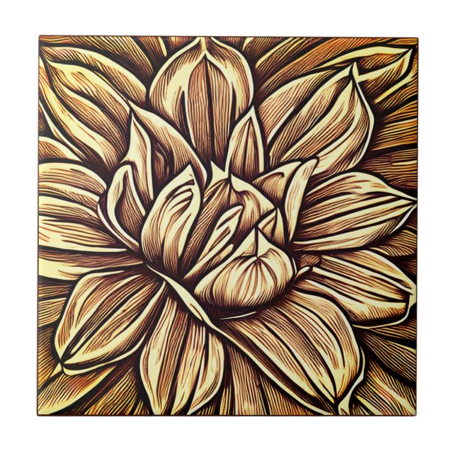 Giant Peony Flower Pattern in Brown and Beige Ceramic Tile (Front)