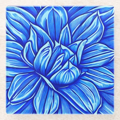 Giant Peony Flower Pattern in Indigo Blue Glass Coaster