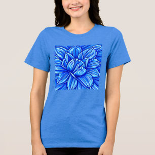 Giant Peony Flower Pattern in Indigo Blue Tri-Blend Shirt