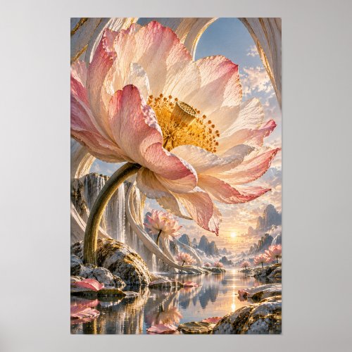 Giant Pink Lotus over Waterfall Valley Fantasy Wal Poster