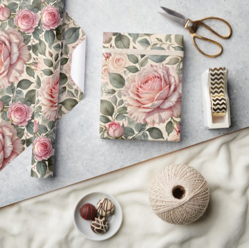Giant Pink Rose and Buds Botanical Wrapping Paper