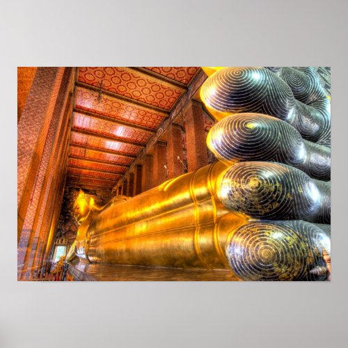 Giant reclining Buddha inside temple Wat Pho Poster