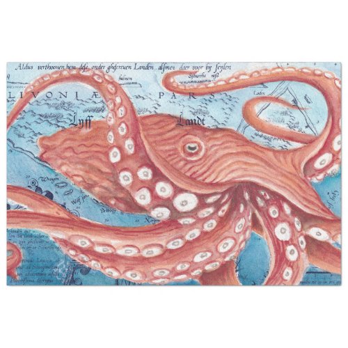 Giant Red Pacific Octopus Vintage Map Art Tissue Paper