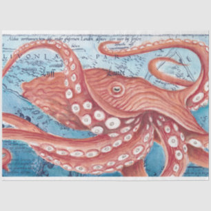 Giant Red Pacific Octopus Vintage Map Art Tissue Paper
