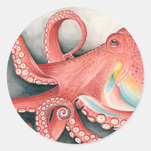 Giant Red Pacific Octopus Watercolor Art Classic Round Sticker