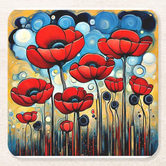 Giant Red Poppies 1 Square Paper Coaster (Front)