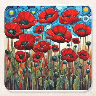 Giant Red Poppies 2 Square Paper Coaster