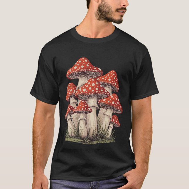 Giant Red Retro Mushrooms Cluster | Graphic Art T-Shirt (Front)