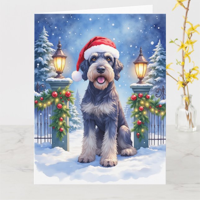 Giant Schnauzer Snowy Iron Fence Santa Christmas Card (Yellow Flower)