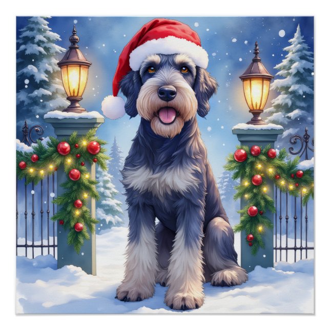 Giant Schnauzer Snowy Iron Fence Santa Christmas Poster (Front)