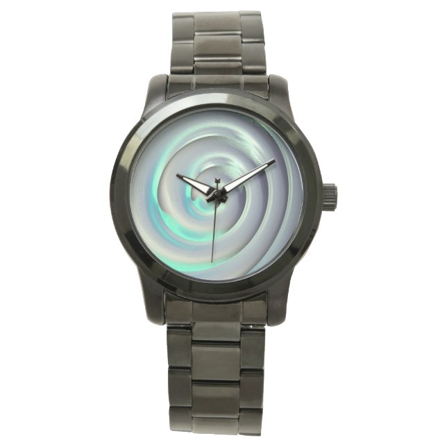 Giant silver and aquamarine spiral over black watch (Front)