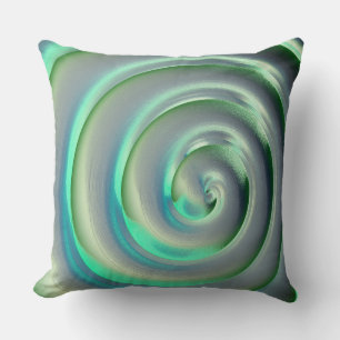 Giant silver and aquamarine spiral over green throw pillow
