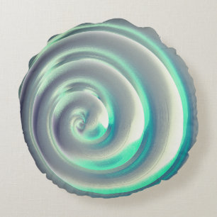 Giant silver and aquamarine spiral over white round pillow