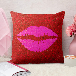 Giant sparkly pink lips on red glitter background throw pillow