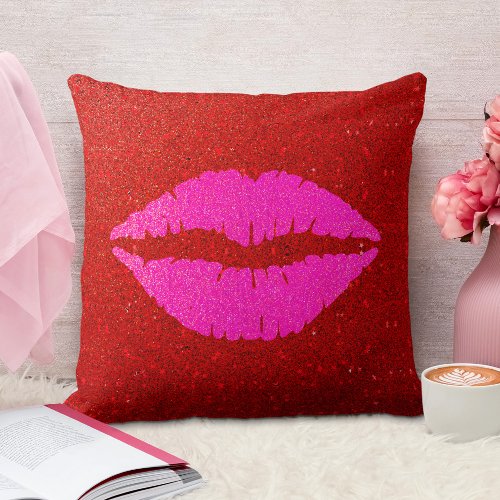 Giant sparkly pink lips on red glitter background throw pillow
