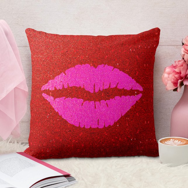 Giant sparkly pink lips on red glitter background throw pillow (Creator Uploaded)