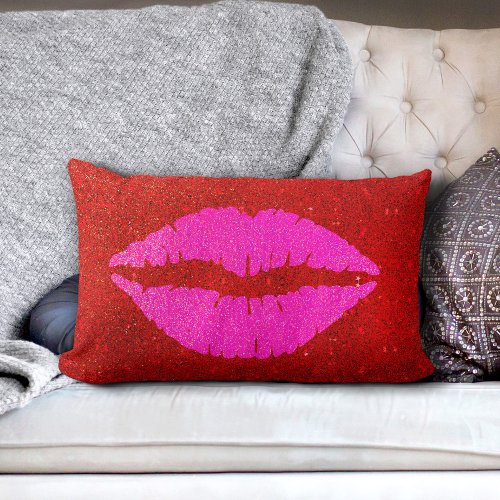 Giant sparkly pink lips red glitter background lumbar pillow