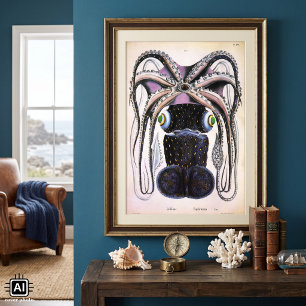 Giant Squid or Octopus, Vintage Marine Life Animal Poster