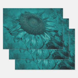 Giant Sunflower Teal Blue Vintage Antique Wrapping Paper Sheets