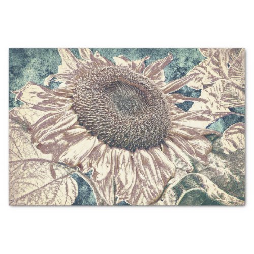 Giant Sunflower Vintage Teal Sepia Art Decoupage Tissue Paper