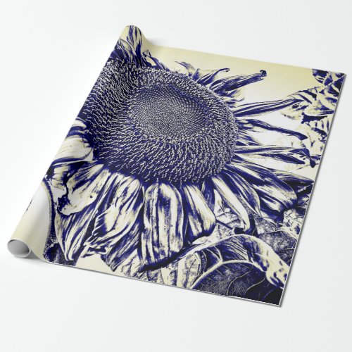 Giant Sunflower Vintage Yellow Purple Sketch Art Wrapping Paper