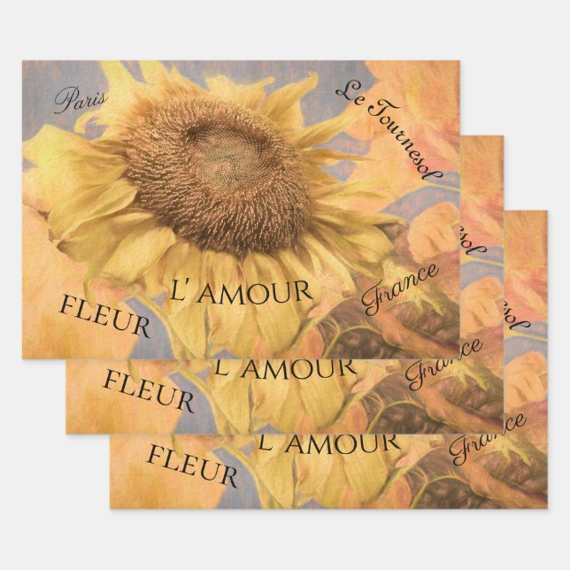 Giant Sunflowers Country Yellow Grey Script Wrapping Paper Sheets (Set)