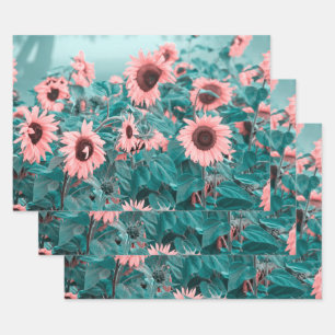 Giant Sunflowers Pink Teal Floral Decoupage Art Wrapping Paper Sheets