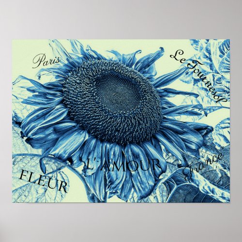 Giant Sunflowers Vintage Art Blue Green Script Poster