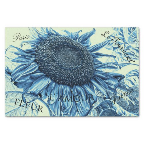 Giant Sunflowers Vintage Art Blue Green Script Tissue Paper