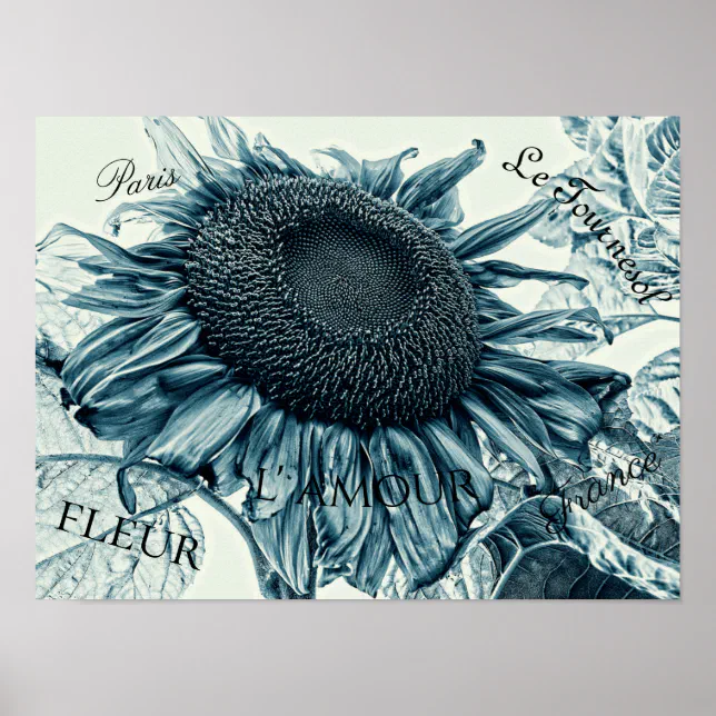 Giant Sunflowers Vintage Art Teal Blue Ephemera Poster | Zazzle