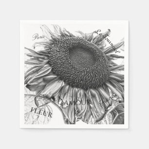 Giant Sunflowers Vintage Black And White Script Napkins