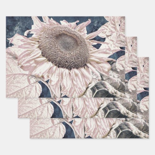 Giant Sunflowers Vintage Grey Sepia Decoupage Wrapping Paper Sheets