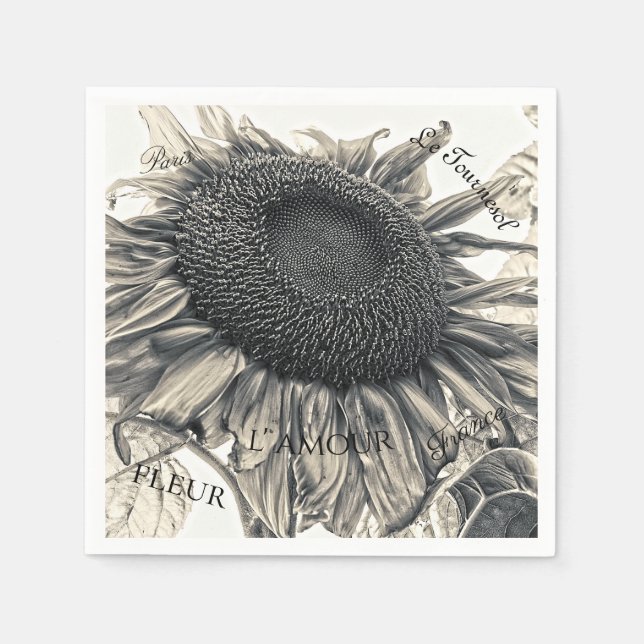 Giant Sunflowers Vintage Sepia Decoupage Script Napkins (Front)