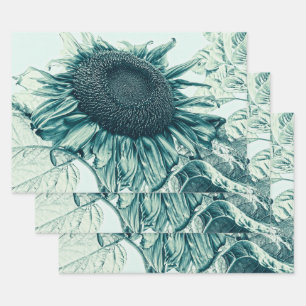 Giant Sunflowers Vintage Teal Green Decoupage Art Wrapping Paper Sheets