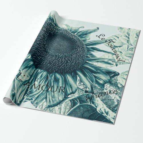 Giant Sunflowers Vintage Teal Green Script Wrapping Paper