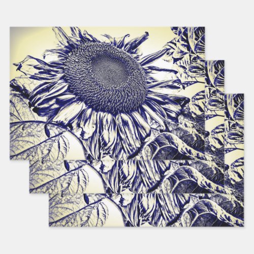 Giant Sunflowers Vintage Yellow Purple Sketch Art Wrapping Paper Sheets