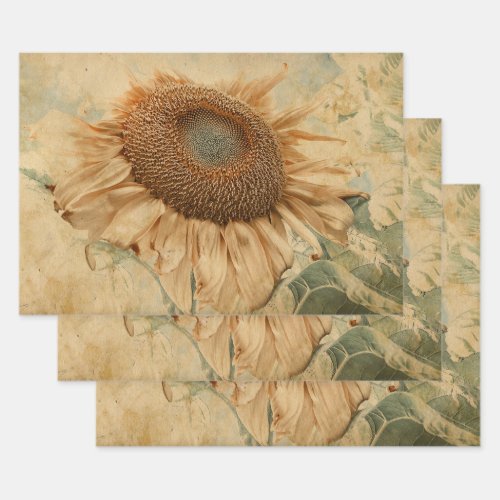 Giant Sunflowers Yellow Old Vintage Decoupage Art Wrapping Paper Sheets